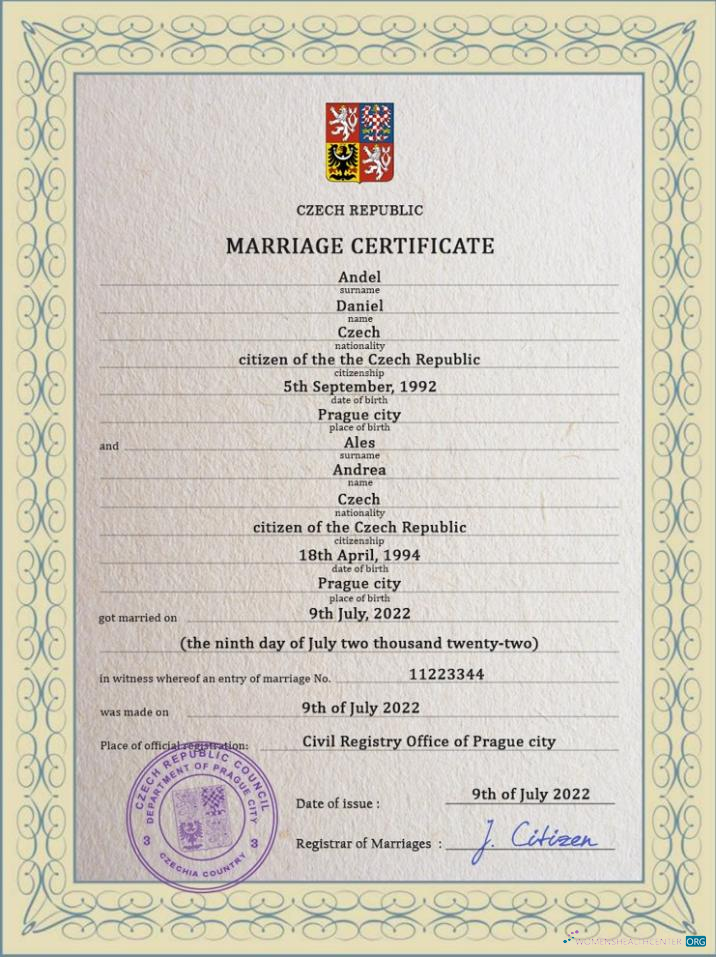 Download Czechia marriage certificate Photoshop template